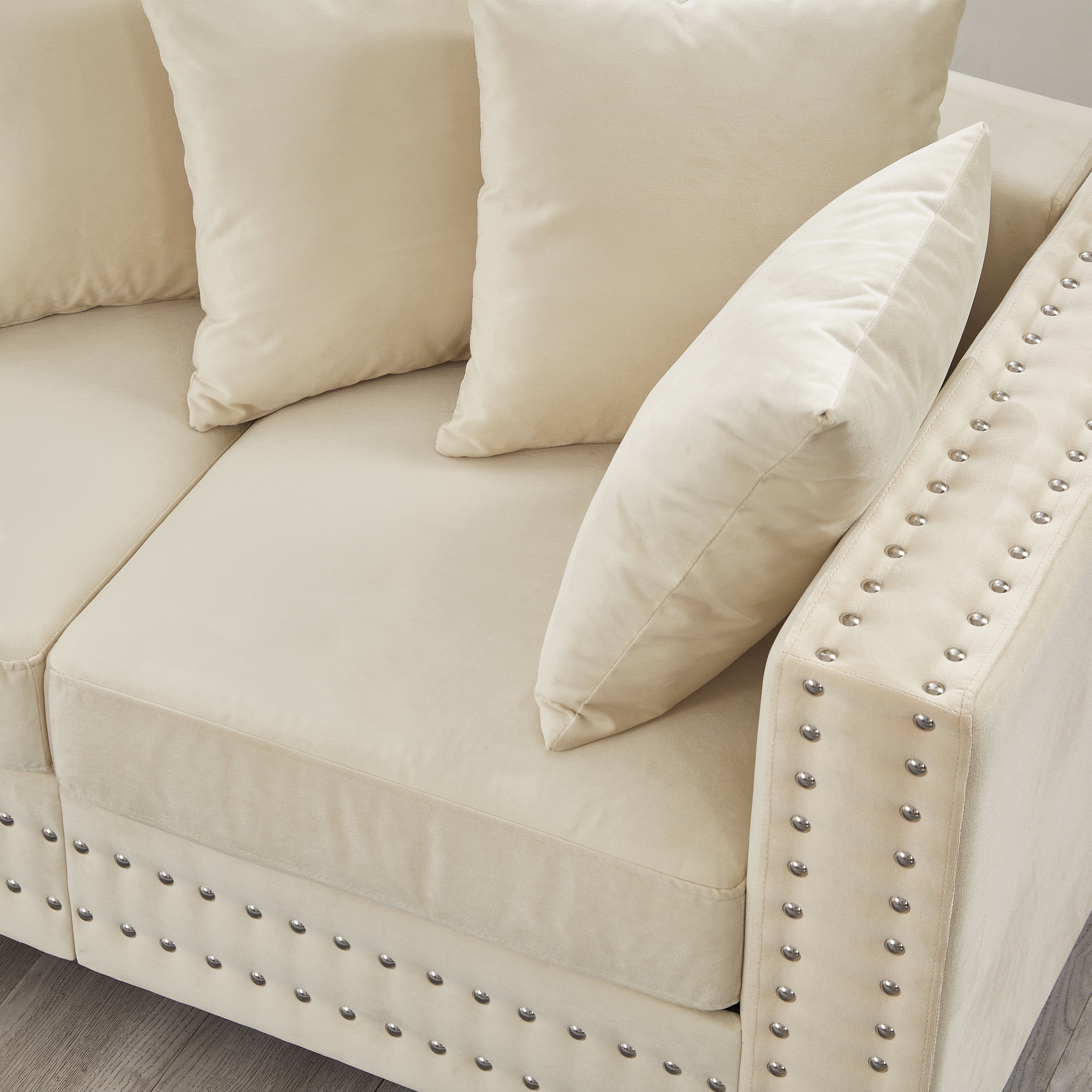 Modern Design Living Room Sofa Square armrest with Silver Nails Decoration Upholstered Velvet Couch Apricot