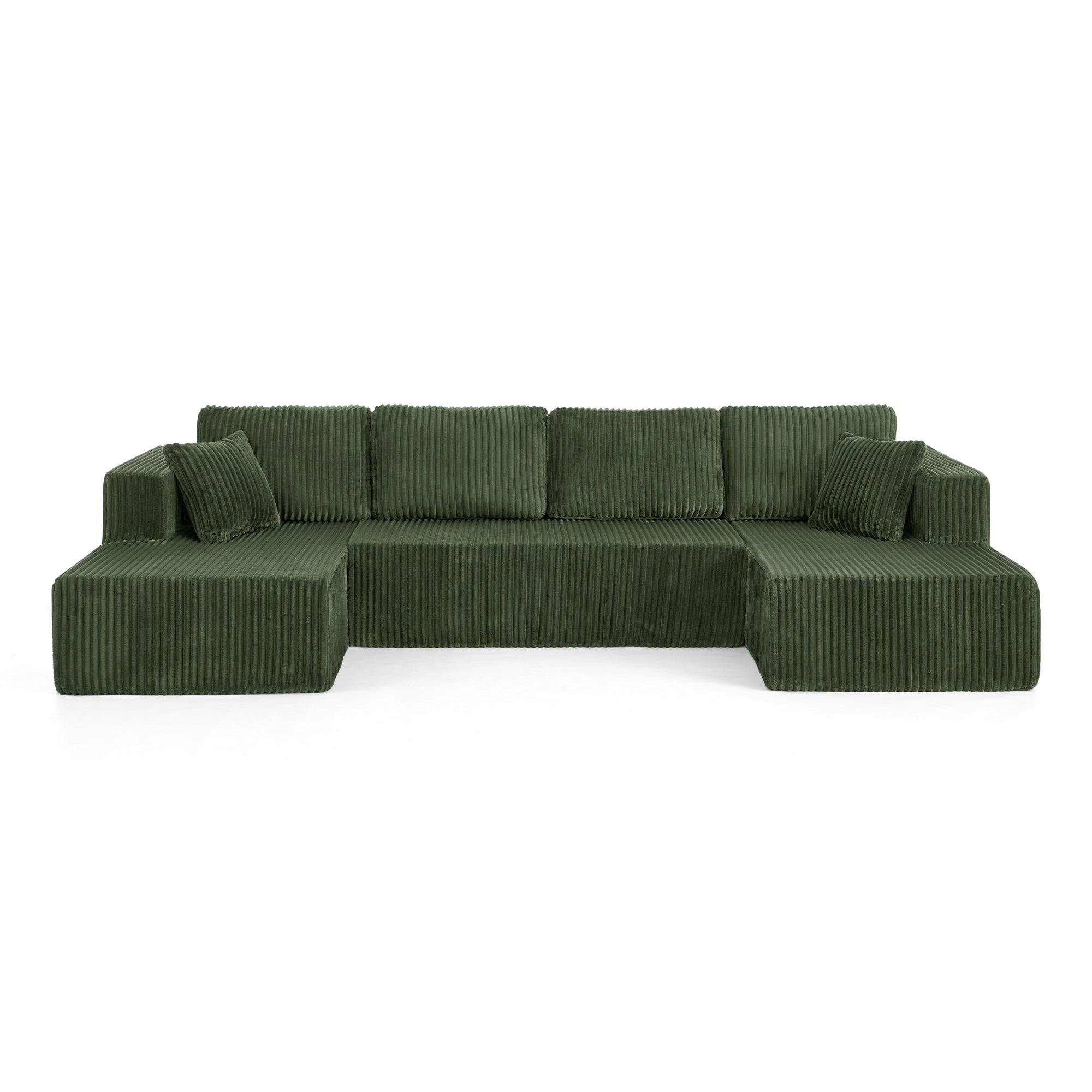 Modern Minimalist U Shape Modular Sectional Sofa Sleeper in Green Corduroy with Foam Filling