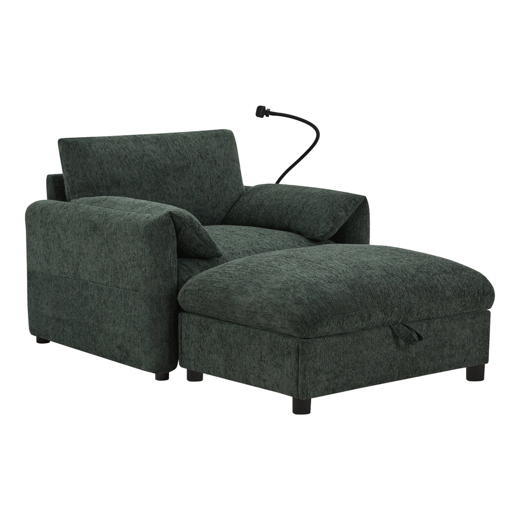 38' Single Sofa with Storage Ottoman, Adjustable Phone Holder, USB Charger, Side Storage Pockets, Pillow-Like Armrests, Wide Seat Chaise Lounge for Living Room&Apartment, Chenille, 4 Colors