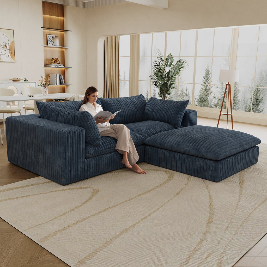 39.8' Cloud Sofa,Corduroy Fabric,Deep Seat Couches,Double-layer design,Removable  Cushion,No Assembly, DIY Combination for Living room, Bedroom,Conference room ,Apartment,Blue