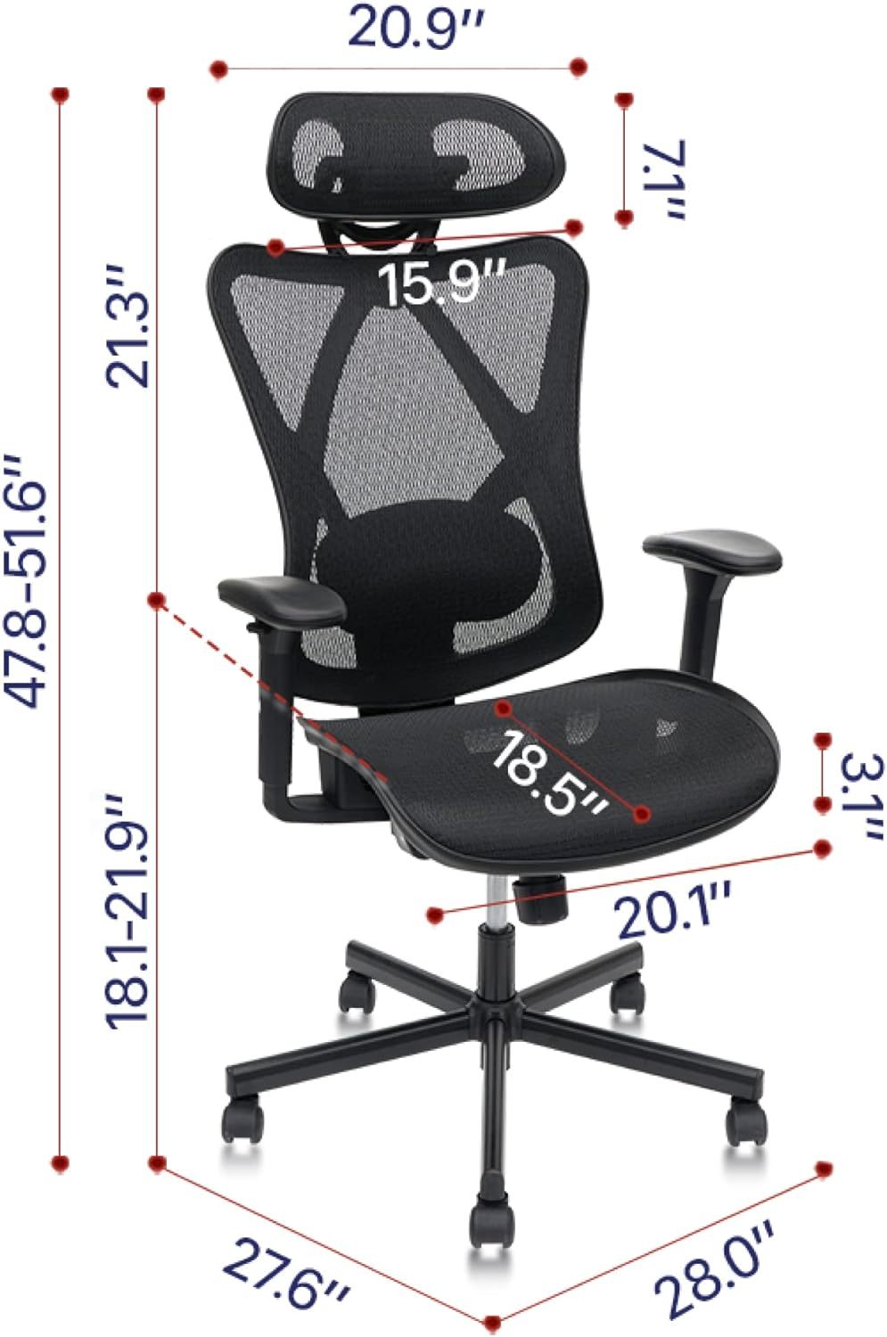 Mesh Office Chair,Ergonomic Office Chairs with Wheels,Adjustable Lumbar Support,Armrest,Headrest-Tilt High Back Desk Chair with Mute Wheel for Office, Home, Gaming