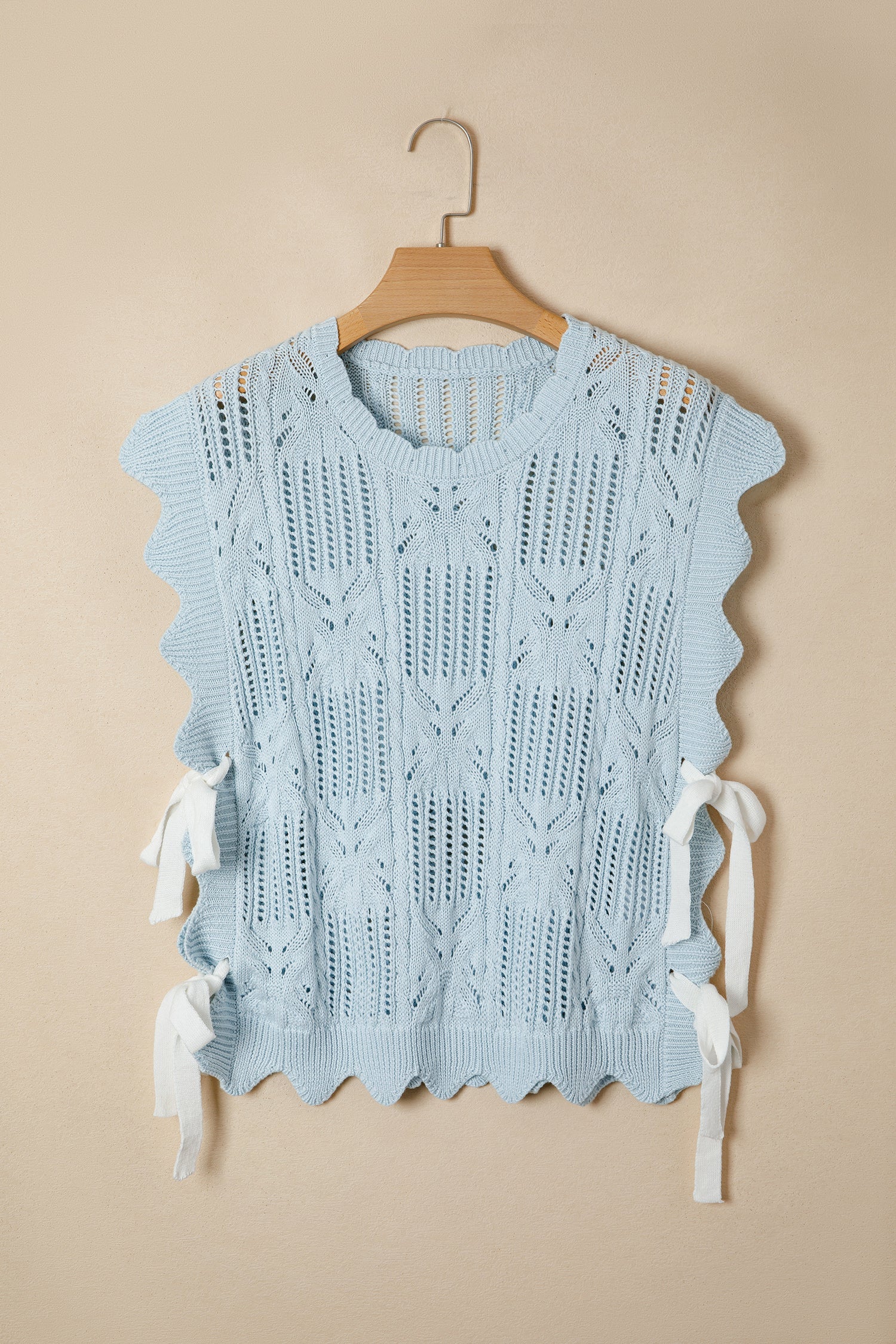 Pointelle Knit Scallop Trim Short Sleeve Sweater