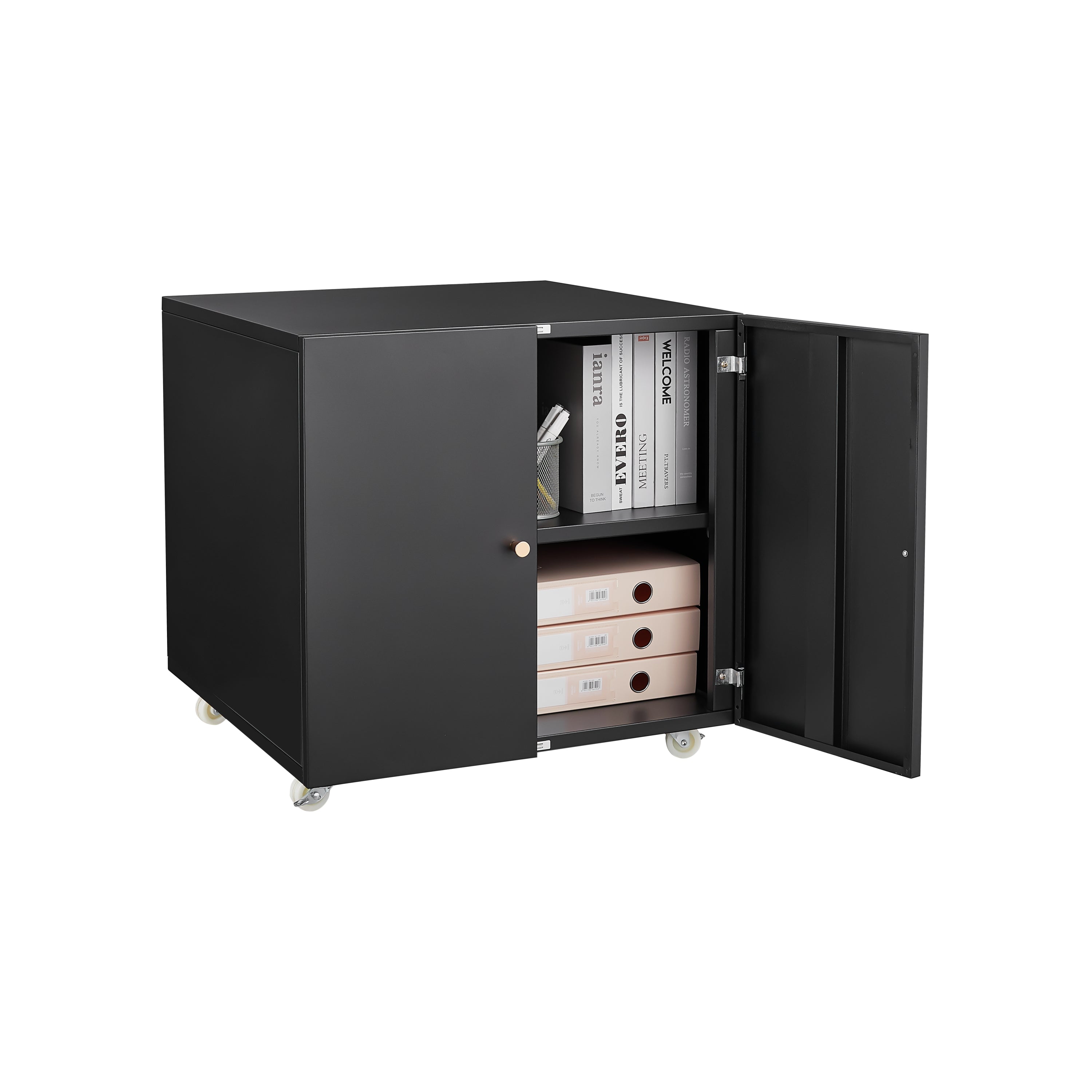 Modern Office Copier Cabinet Black 2 Door Steel Mobile Pedestal File Printer Stand