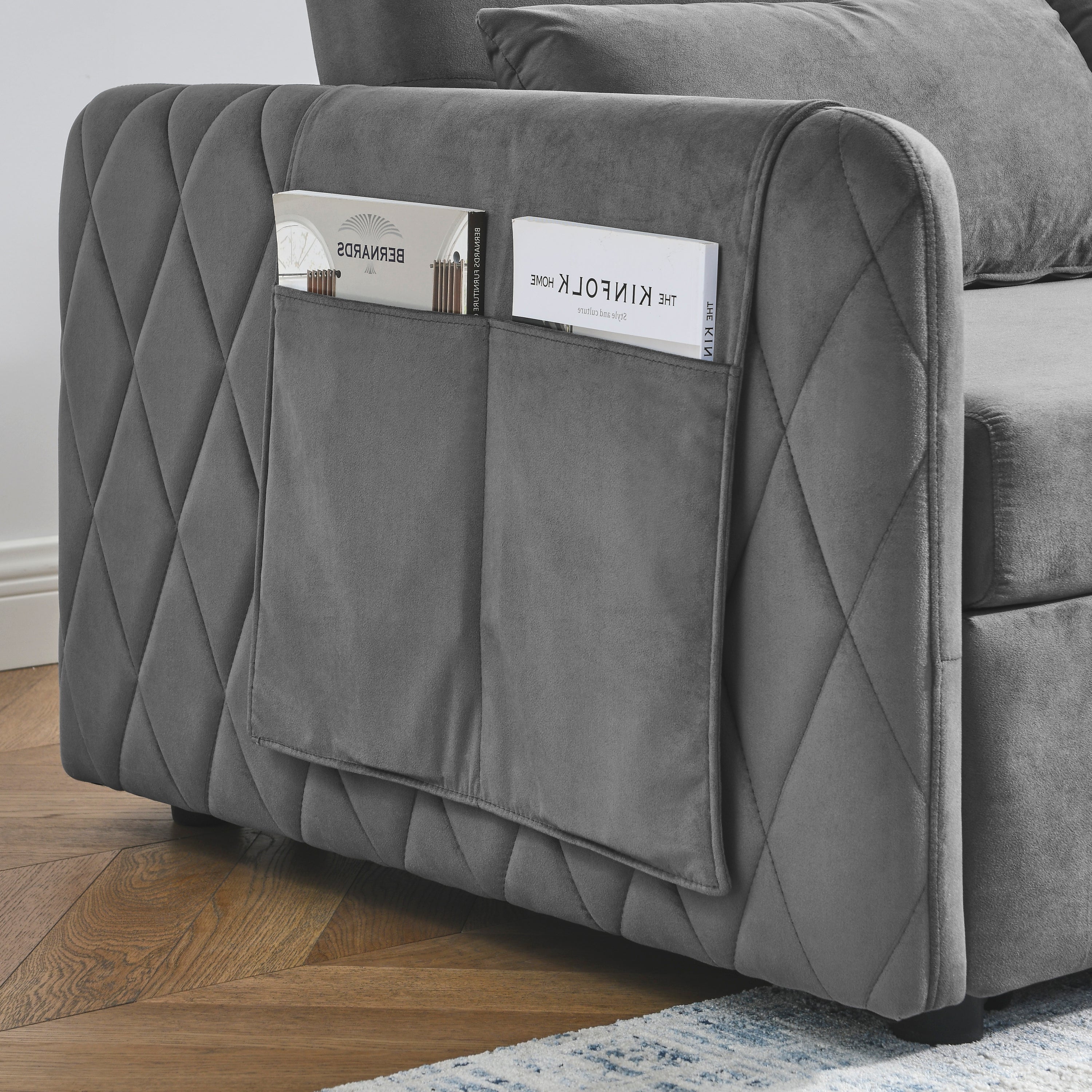 55' Modern Convertible Sofa Bed with 2 Detachable Arm Pockets, Velvet Loveseat Sofa with Pull Out Bed, 2 Pillows and Living Room Adjustable Backrest, Grid Design Armrests