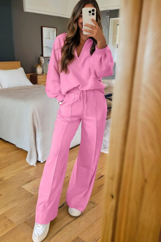 Solid V-Neck Pullover and Drawstring Sweatpants Se
