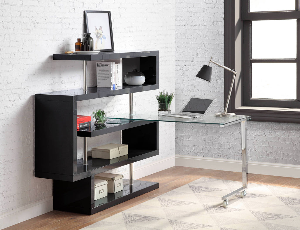 Buck II Clear Glass, Chrome High Gloss Finish Writing Desk with Shelf