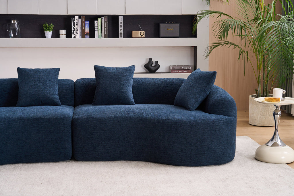Compression Sponge Sofa Blue Curved Modular Sectional, 30D High-Density Chenille Sleeper Couch for Apartment, Living Room,110'L
