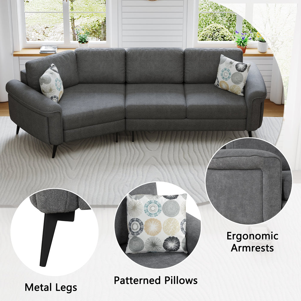 111' Upholstered 3-seater Sofa Curved Sofa Couch with Two Printed Pillows for Living Room, Dark Gray