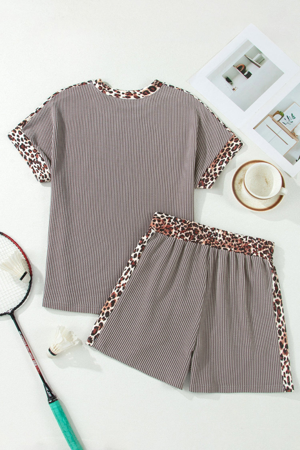 Leopard Trim Corded Knit Top & Shorts Set