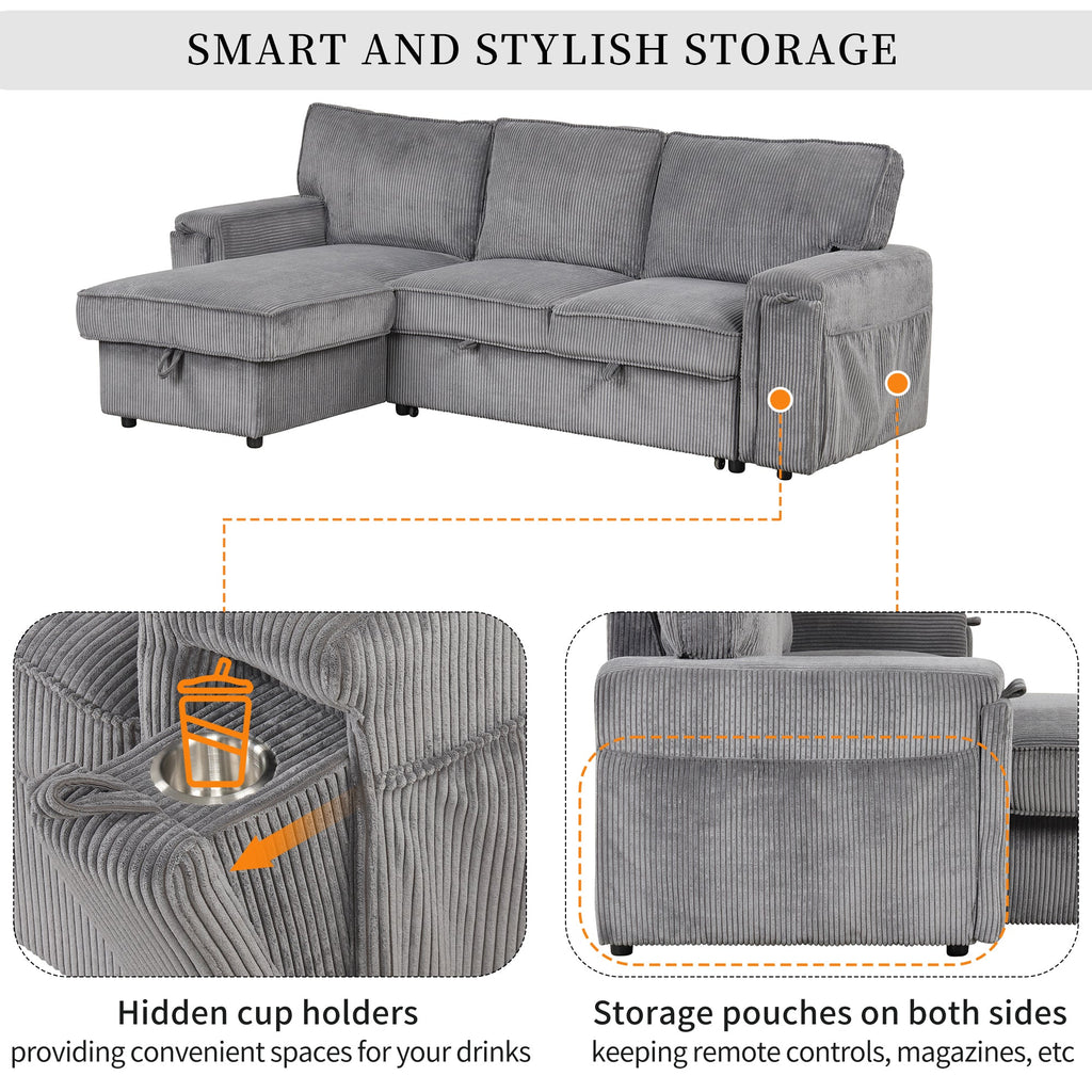 U_STYLE Upholstery Sleeper Sectional Sofa with Storage Bags and 2 cup holders  on Arms