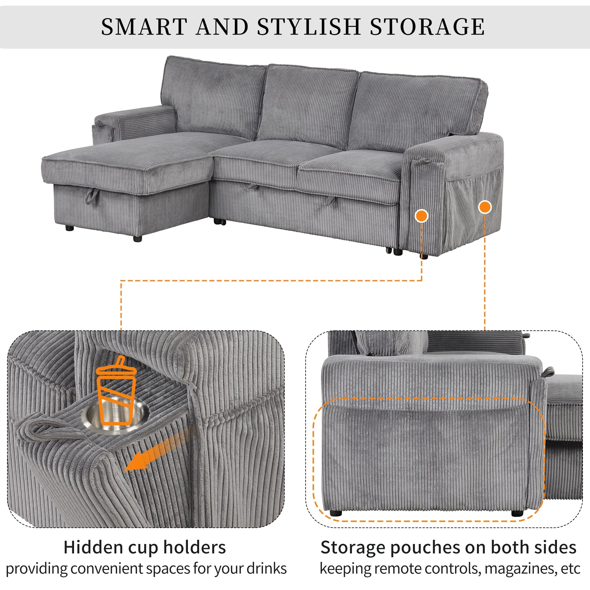 U_STYLE Upholstery Sleeper Sectional Sofa with Storage Bags and 2 cup holders  on Arms