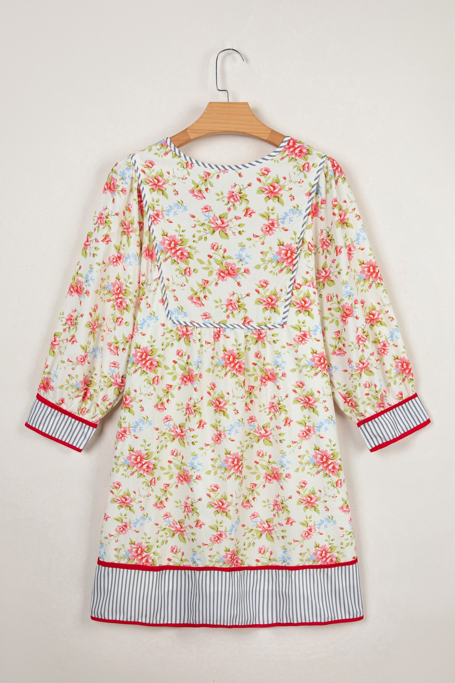 Floral Stripe Trim 3/4 Puff Sleeve Dress