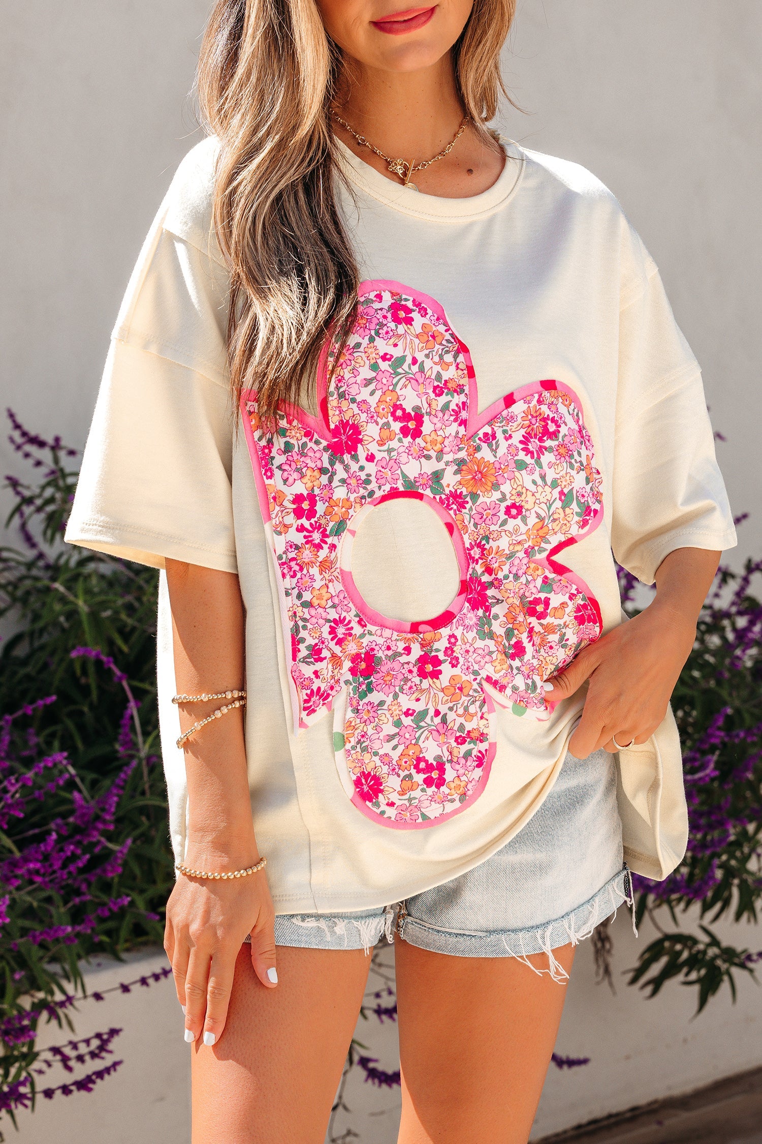 Floral Patchwork Raw Seam Oversize Tee