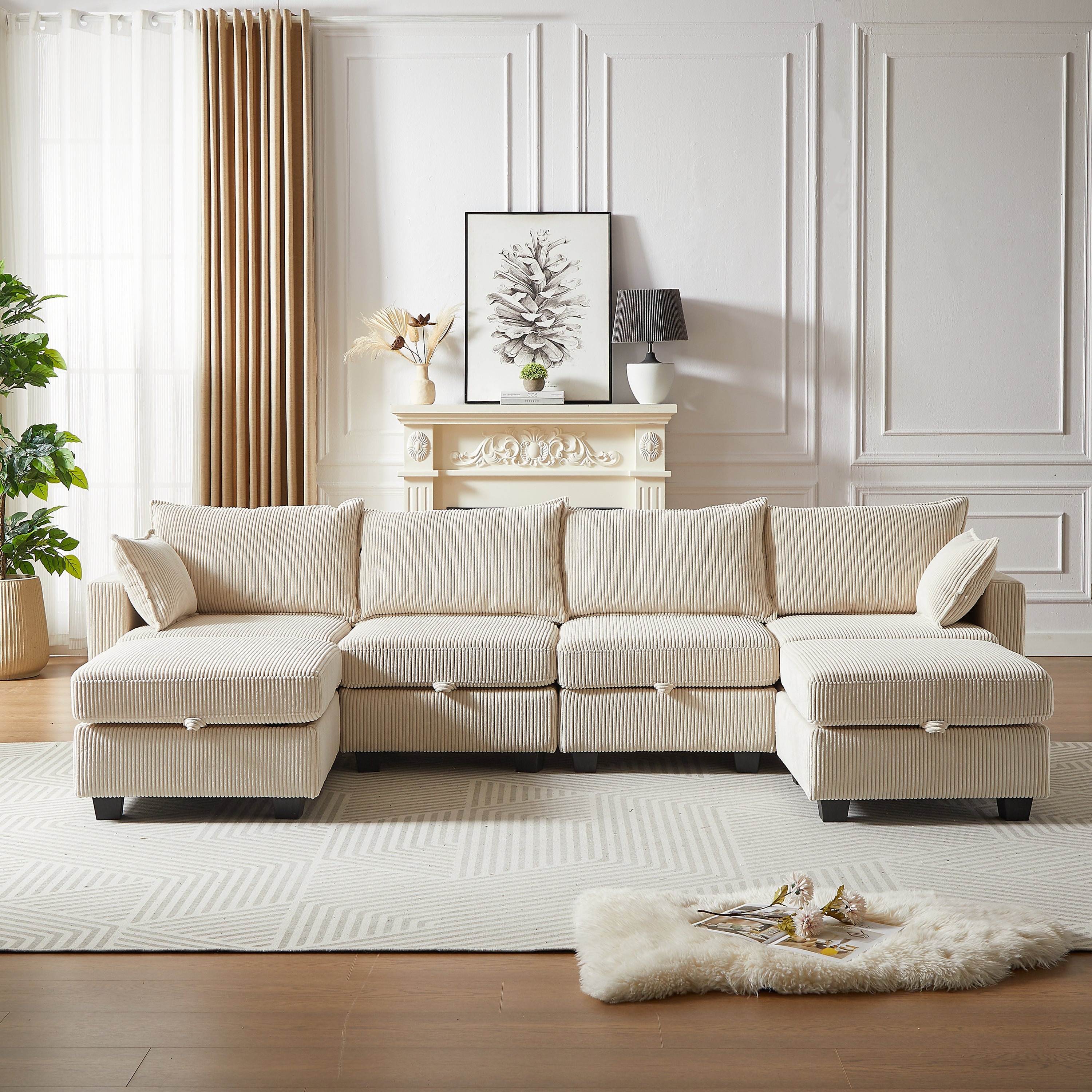 113.5'' Modular Sectiona Corduroy Sofa, Sectional Couches for Living Room U Shaped Sectional Couch with Storage Ottoman, 6 Seats Convertible Sectionals with Chaise