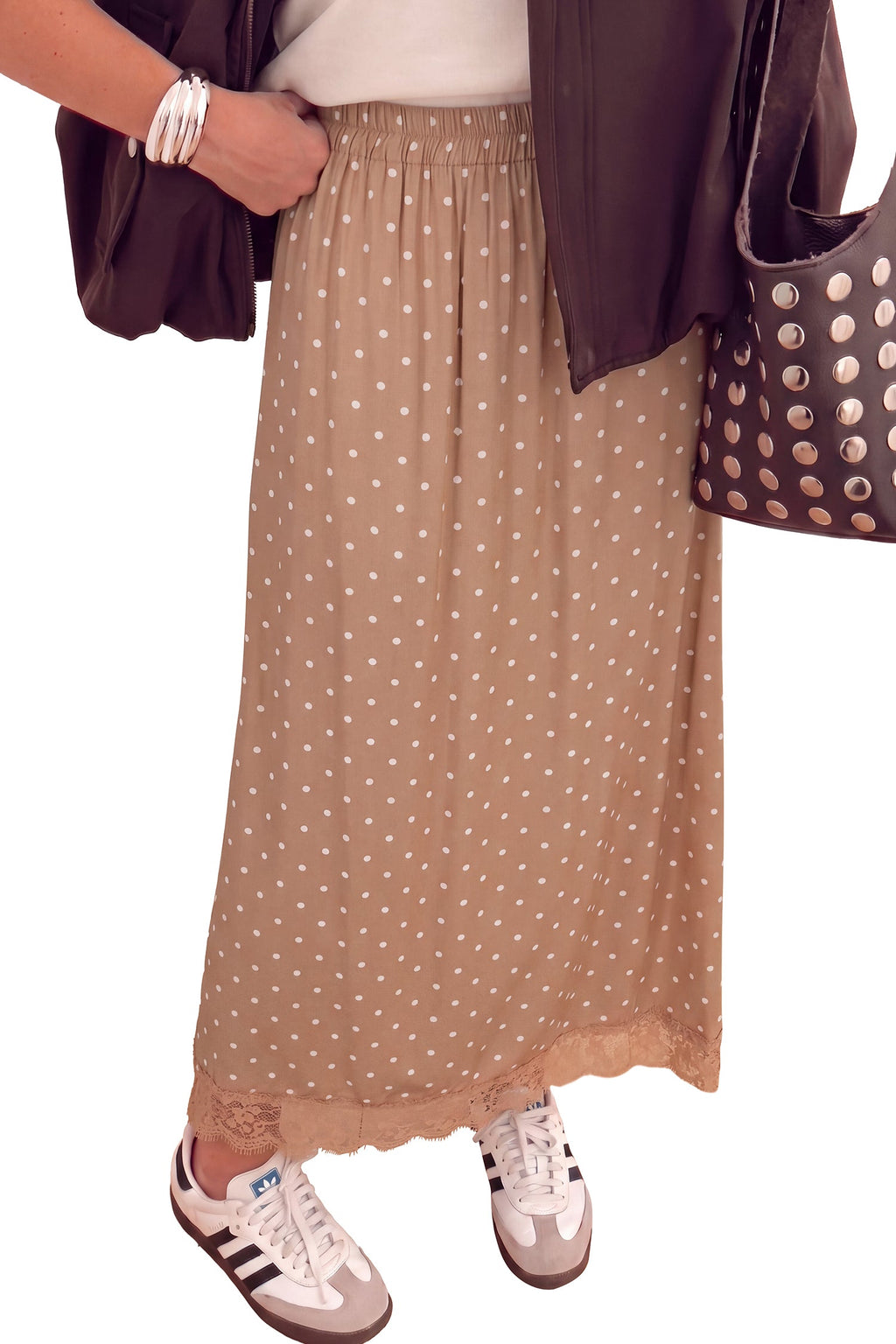Polka Dot Lace Hem Midi Skirt
