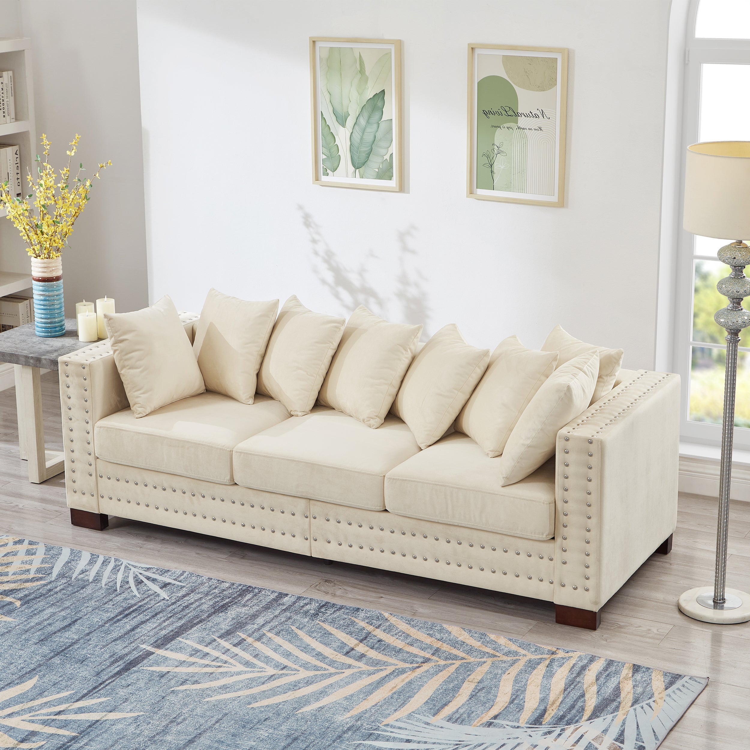 Modern Design Living Room Sofa Square armrest with Silver Nails Decoration Upholstered Velvet Couch Apricot