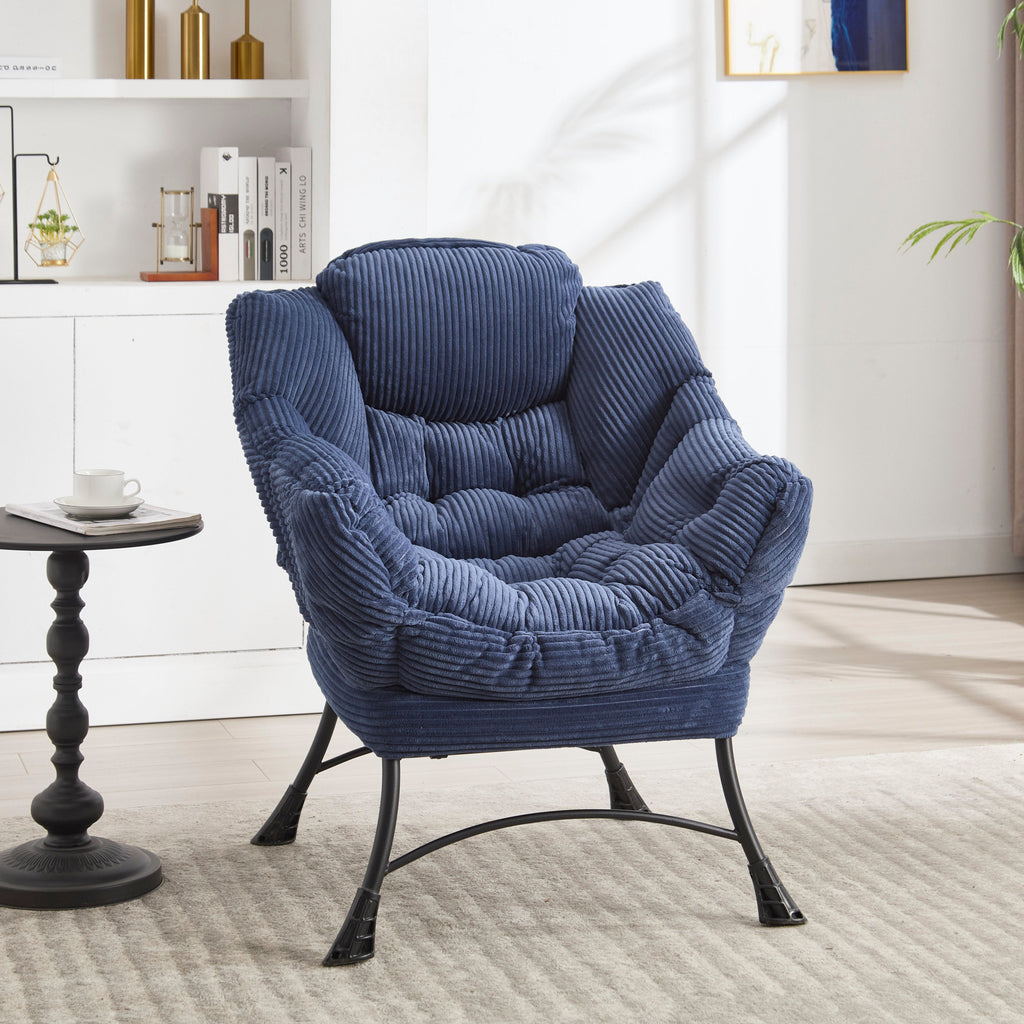 Lazy Chair with Ottoman, Modern Lounge Accent Chair with Armrests and a Side Pocket, Leisure Upholstered Sofa Chair Reading Chair with Footrest for Small Space, Corner Chair-Navy blue