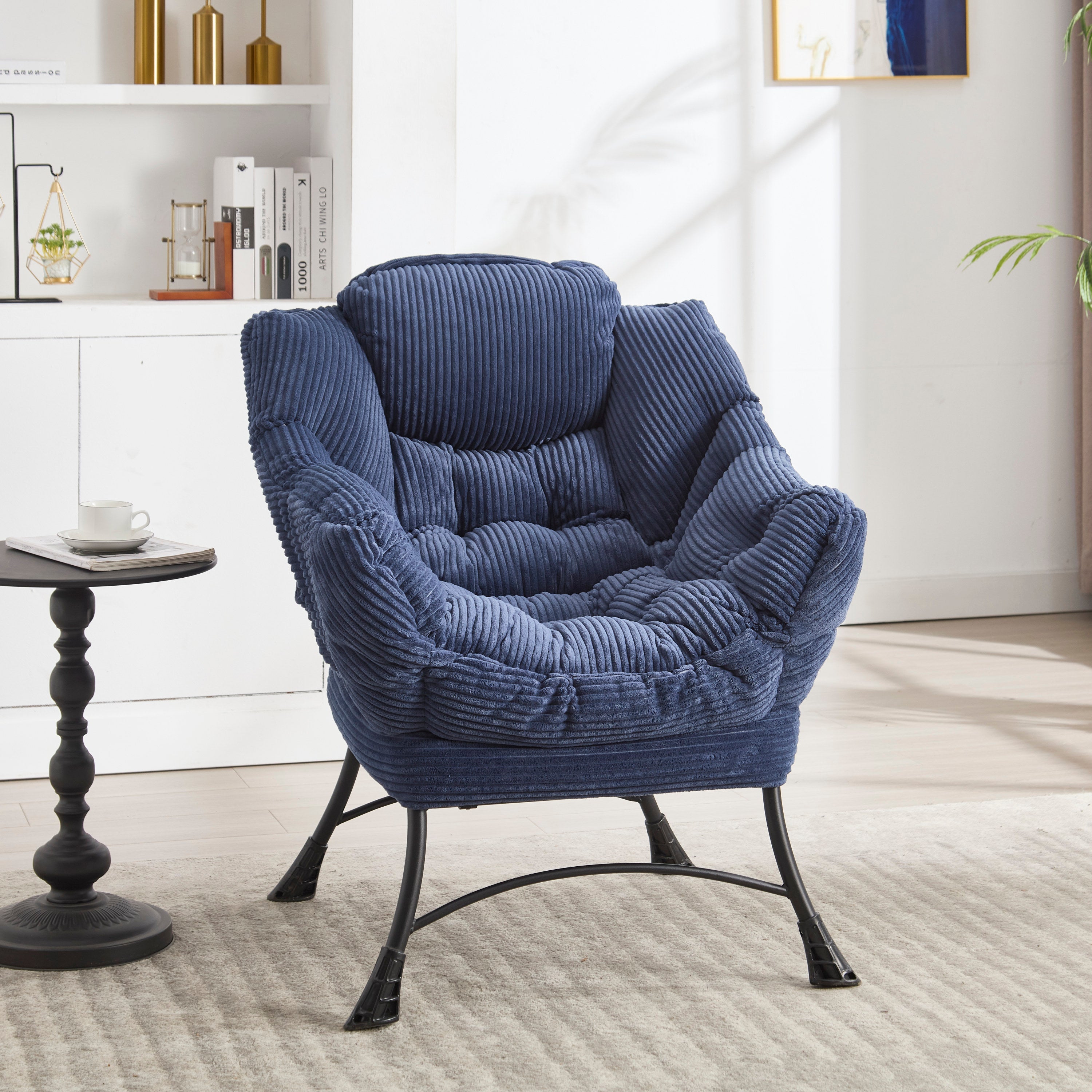 Lazy Chair with Ottoman, Modern Lounge Accent Chair with Armrests and a Side Pocket, Leisure Upholstered Sofa Chair Reading Chair with Footrest for Small Space, Corner Chair-Navy blue