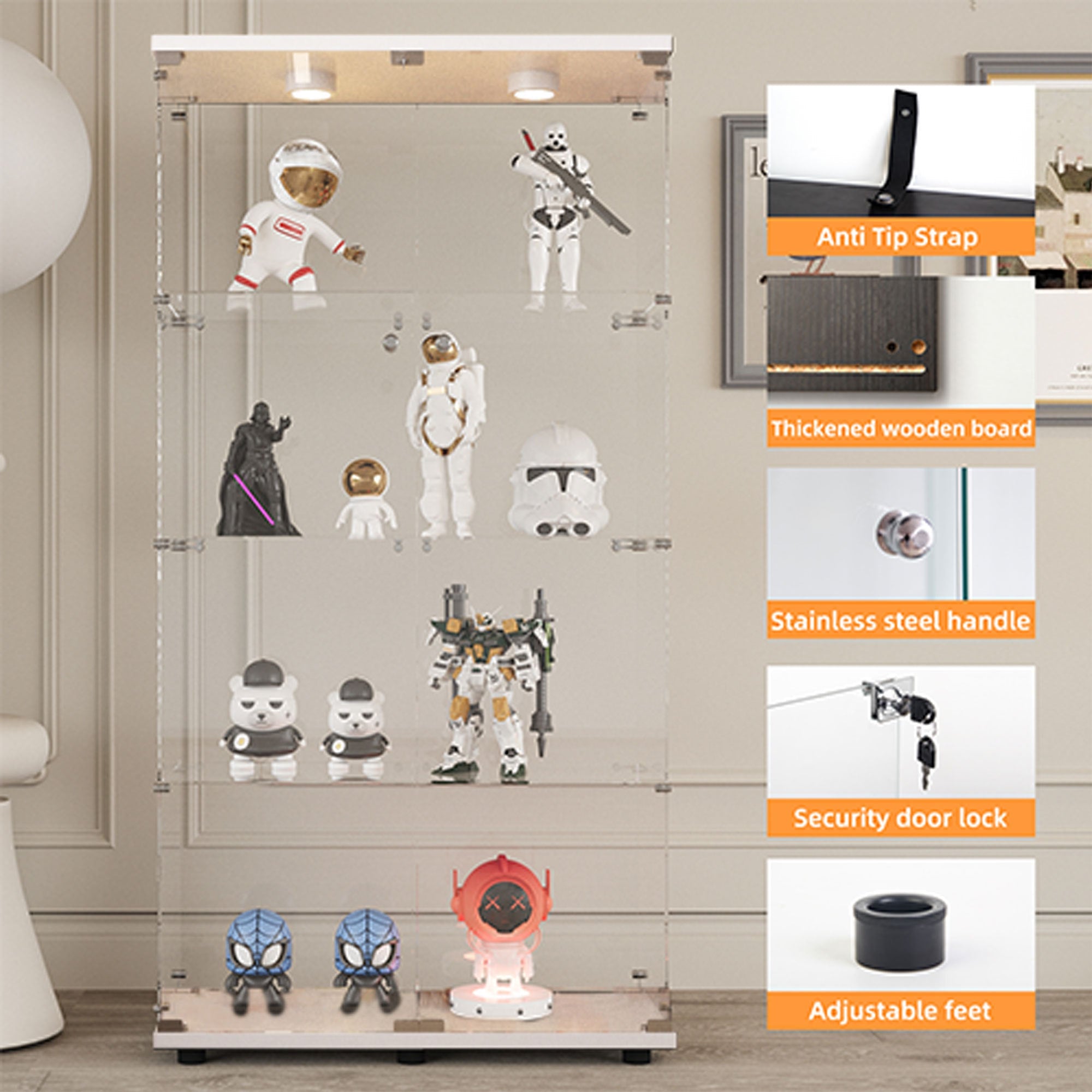 Tempered glass display cabinet,wine cabinet,storage cabinet,file cabinet,with a variety of colors of pat lights,door locks,adjustable floor feet suitable for uneven ground,can be placed anywhere,white