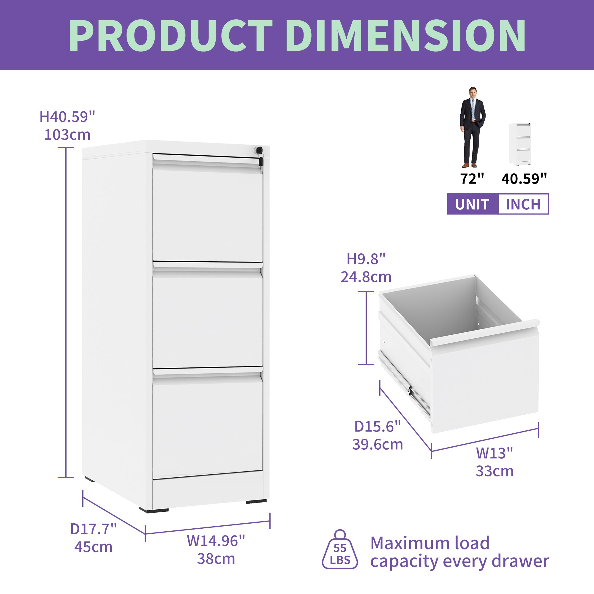 SteelCraft 3 Drawer Metal Vertical File Cabinet with Lock White Steel for A4 Legal/Letter Size
