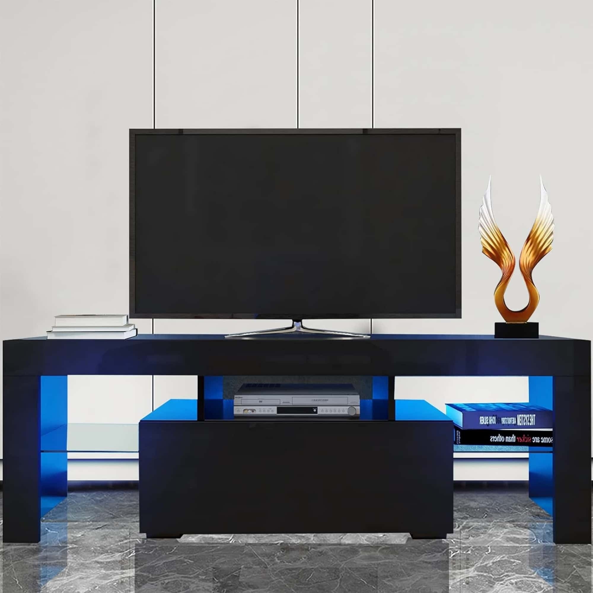 LED TV Stand for Televisions up to 55 Inchs,Modern Entertainment Center with down filp door, Glass shelf and high glossy UV front face, TV Console Table for Living room,Bedroom. Black color