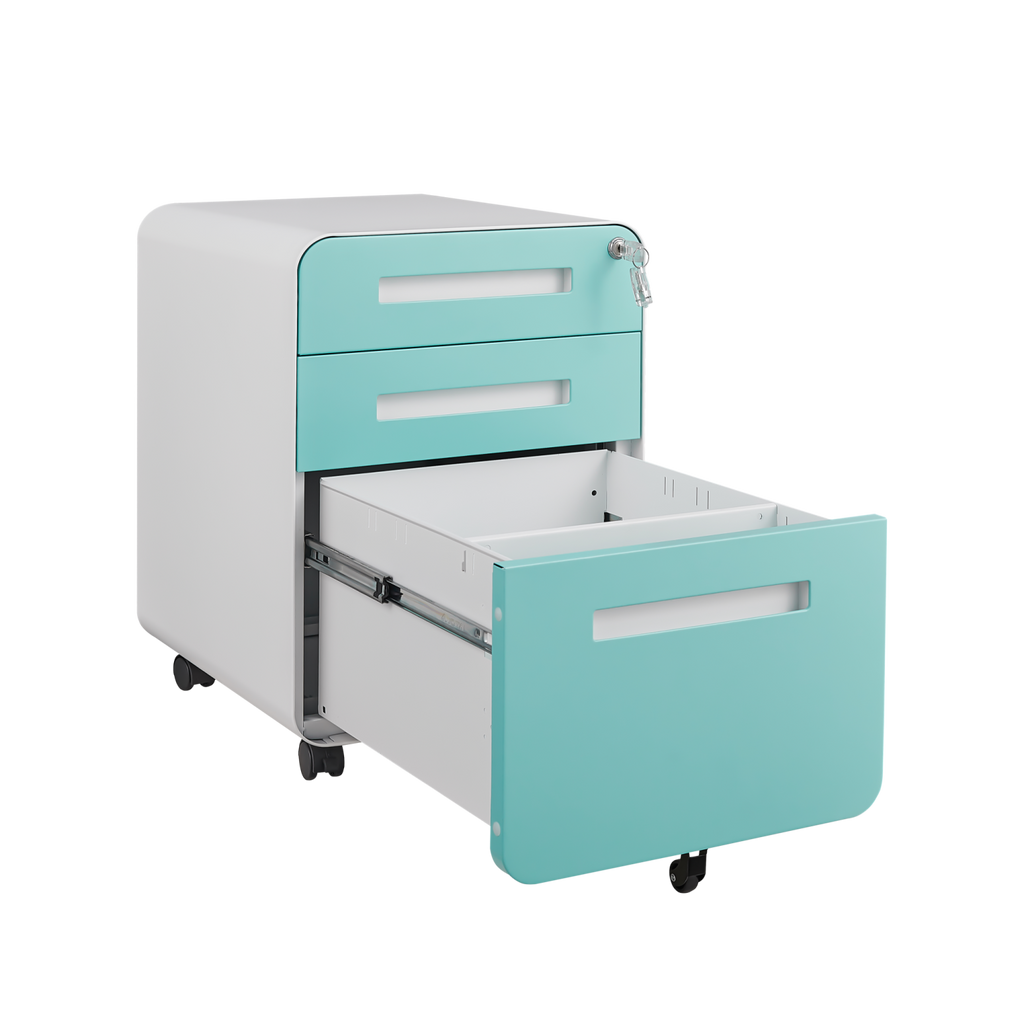 Simple Style 3 Drawer Mobile File Cabinet Under Desk Office Storage in White+Green, Metal, 18x15.75x22.83 inches