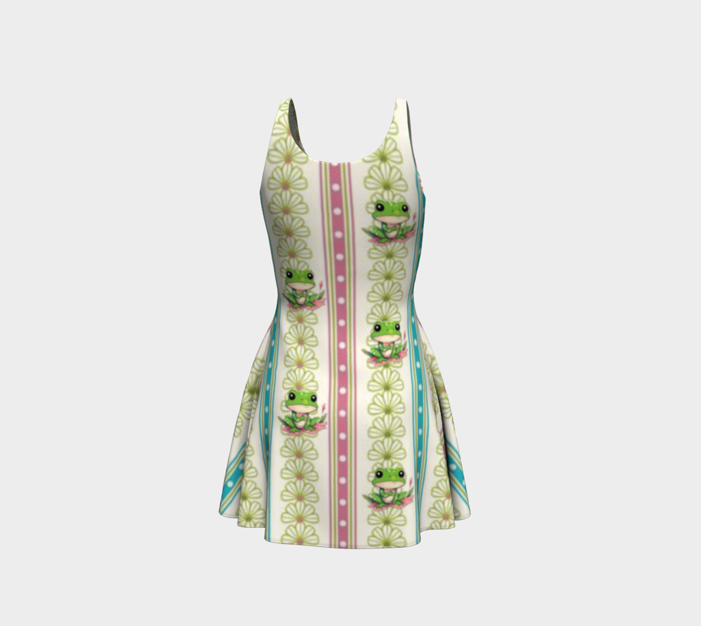 Green Frog Striped Short Flared Dress