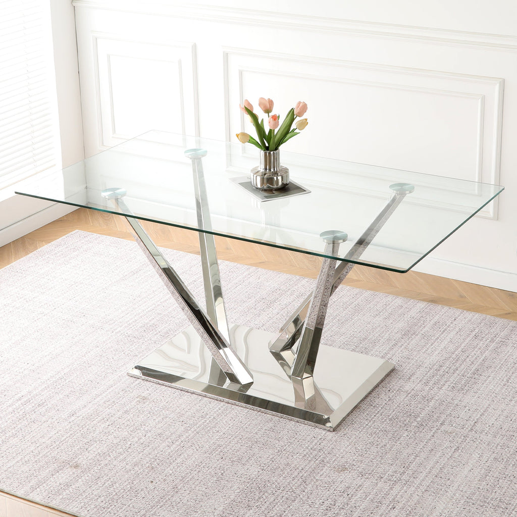 Modern style glass dining table, elegant transparent design, sturdy stainless steel base, white dining chairs set, electroplated chair legs, suitable for dining room and kitchen (set of 7)