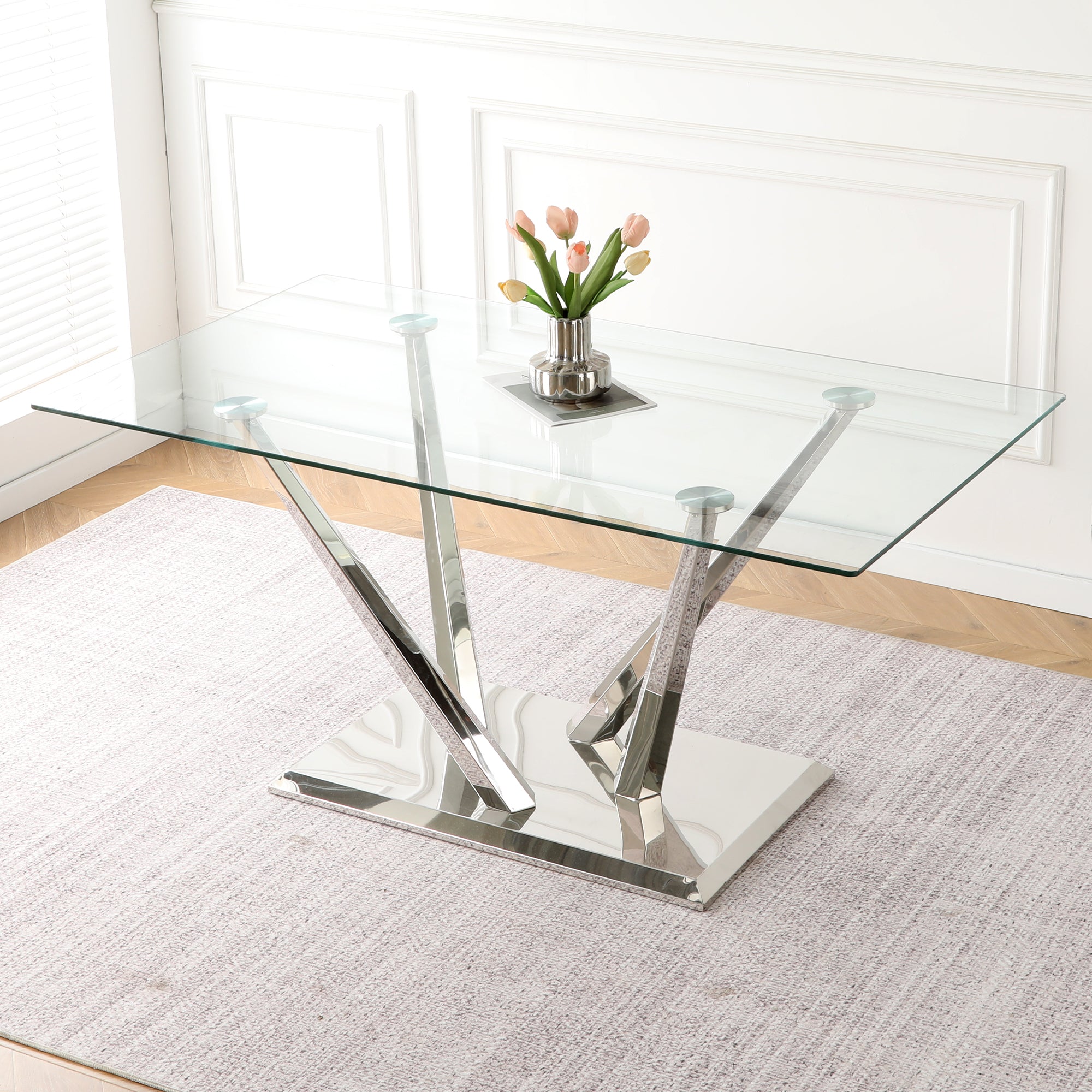 Modern style glass dining table, elegant transparent design, sturdy stainless steel base, white dining chairs set, electroplated chair legs, suitable for dining room and kitchen (set of 7)