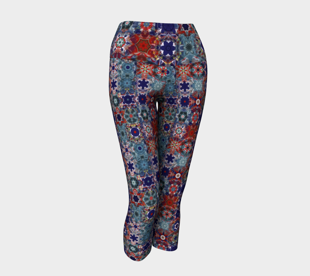 Blue & Red Floral Pattern Yoga Capri Leggings