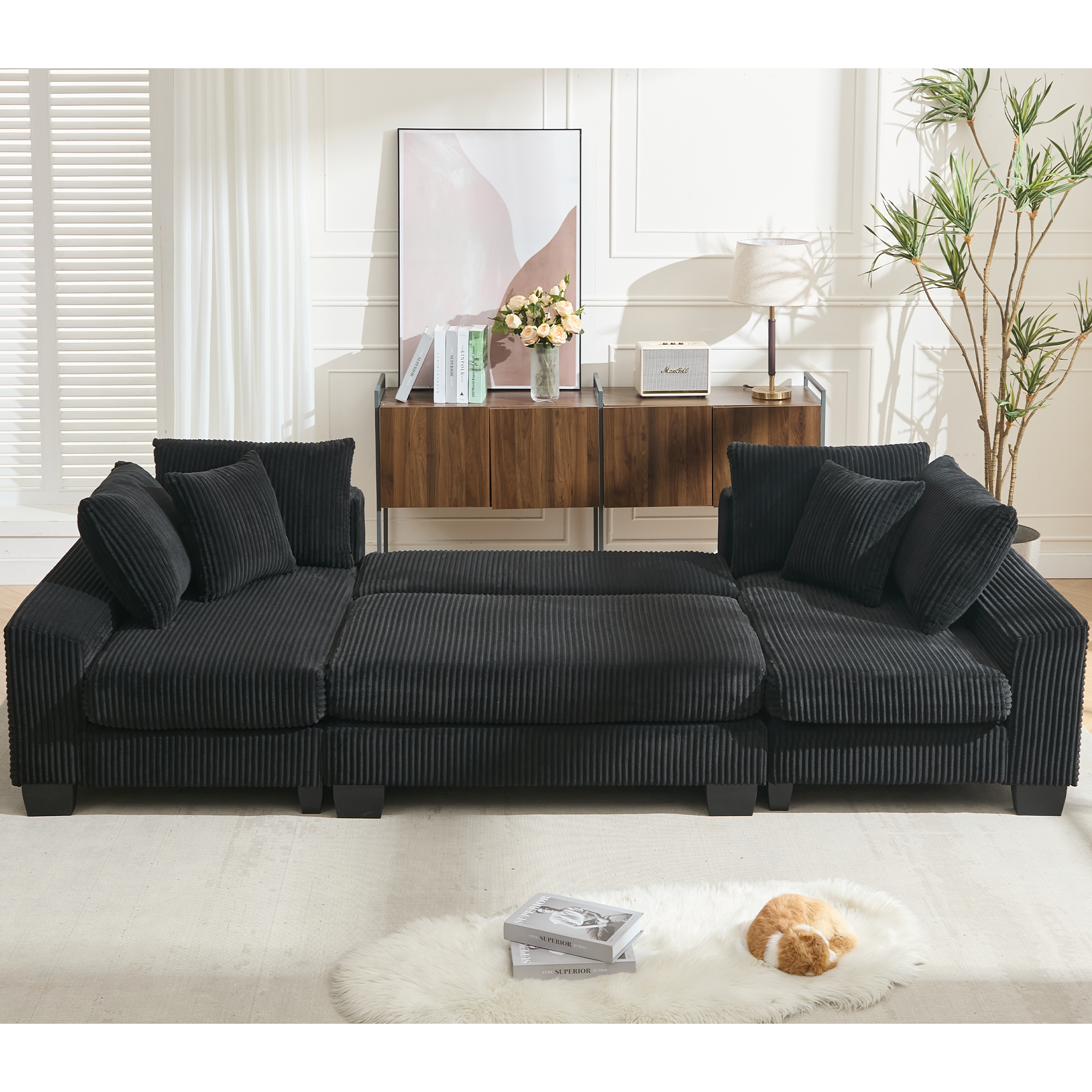 [NEW ARRIVED] [VIDEO PROVIDED]   114' Sleeper Sofa,U Shaped Sofa , Pull Out Bed,Convertible Oversize 2 in 1 Sleeper Sofa, Living Room,Upholstery Sofa Bed,Adjustable Sleeper Sofa,Corduroy,Black