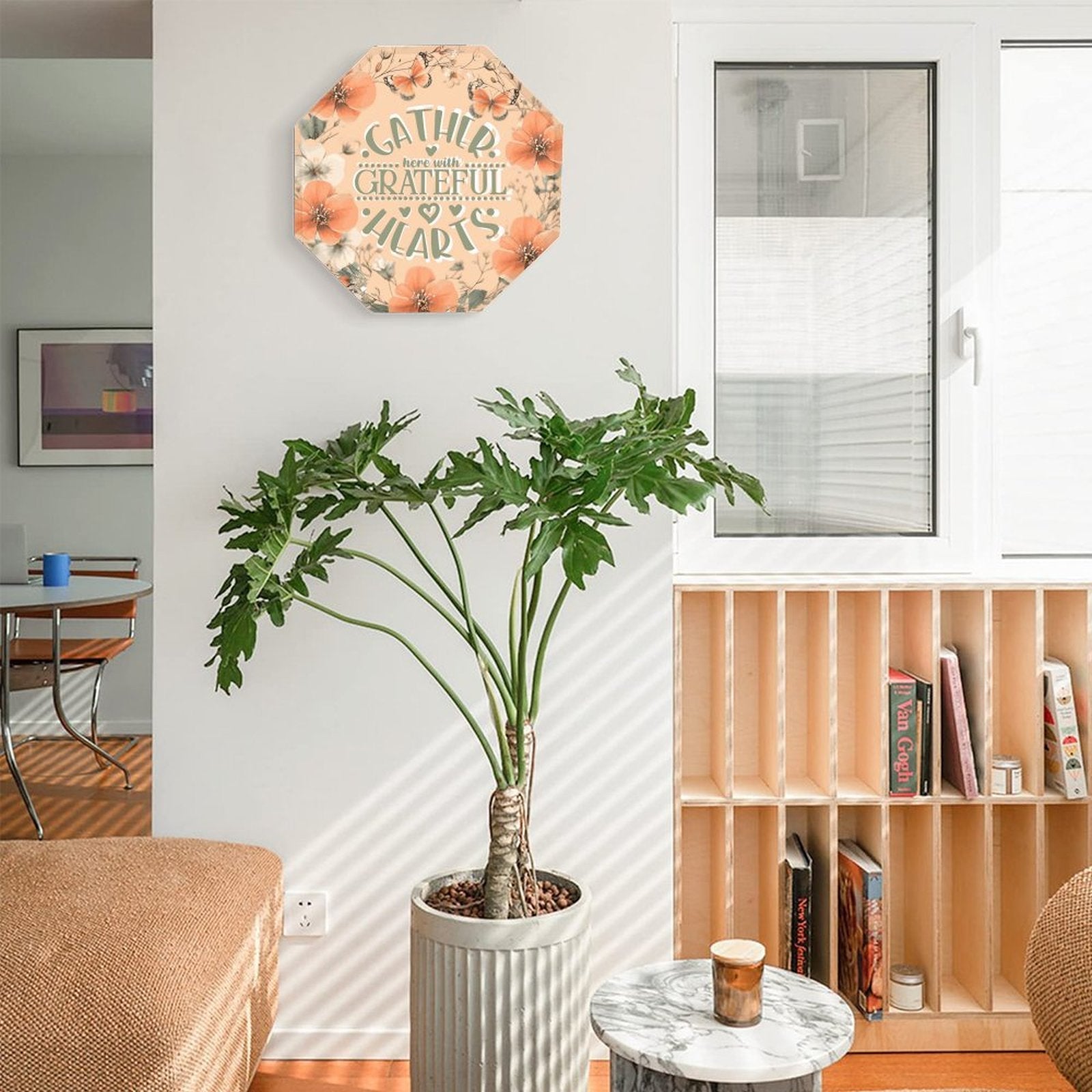 Gather Here with Grateful Hearts Orange Octagonal Metal Decorative Sign - 12"x12"