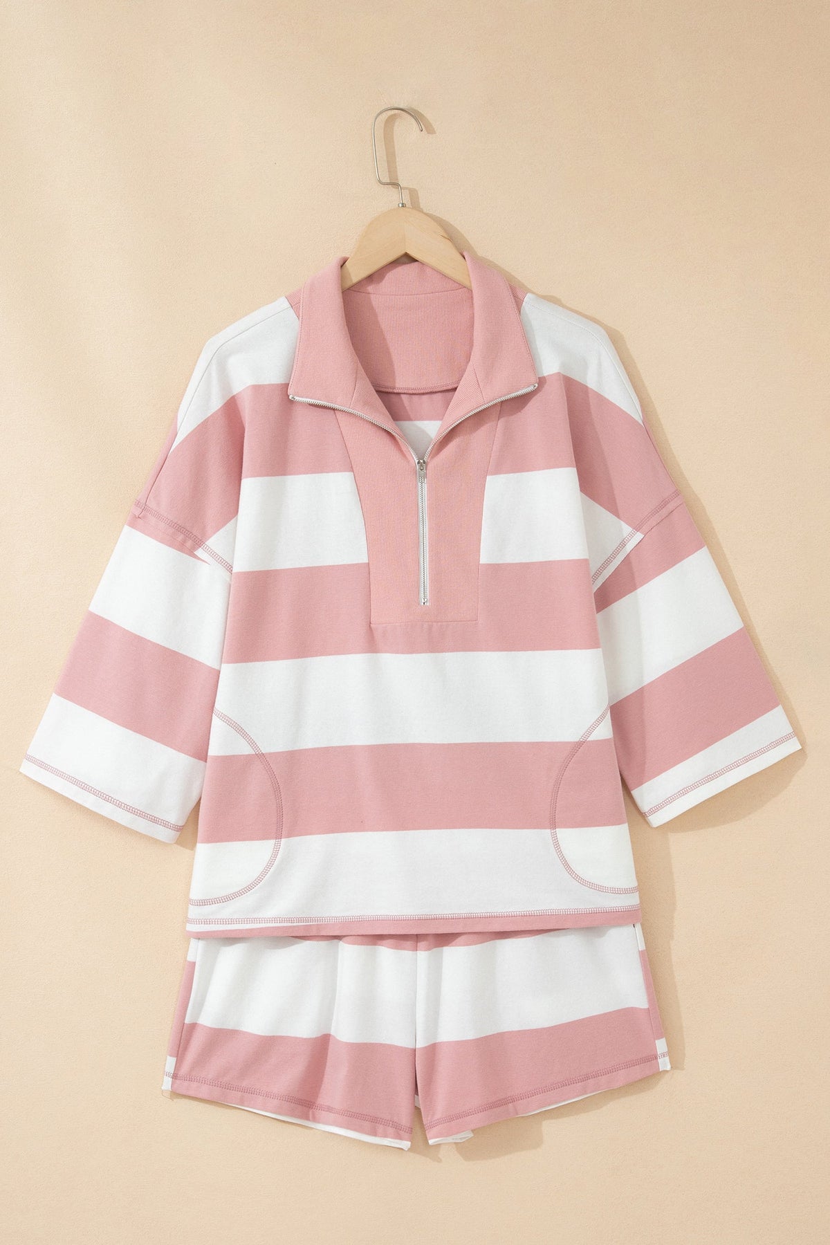 Stripe Half Zip 3/4 Sleeve Top & Shorts Set
