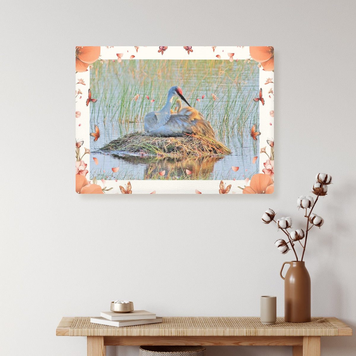Sandhill Crane with Flower Border Frame Canvas Print 24" x 18" (Made in USA)