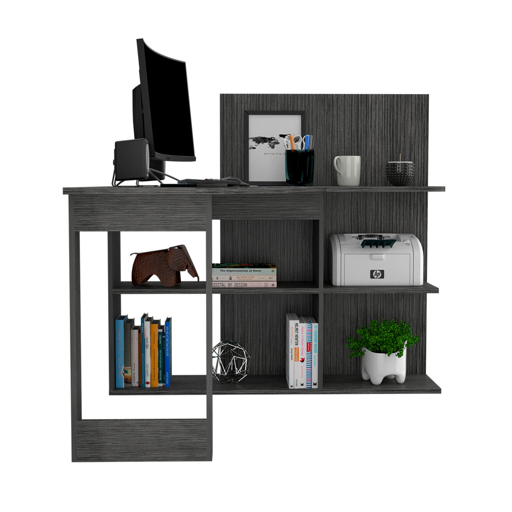 Masai Writing Computer Desk, Five Open Shelves -Smokey Oak
