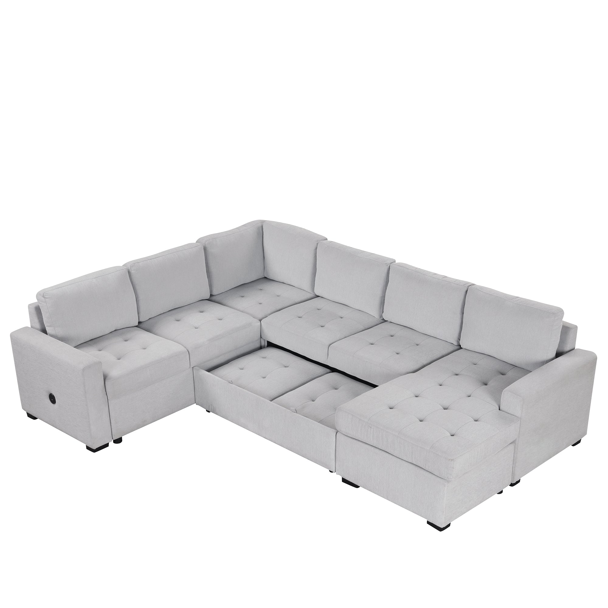 U_Style Sectional Sleeper Sofa with Pull-out Bed and Lounge Chair, USB and Type-C Interfaces, Suitable for Living Room, Office, and Spacious Spaces