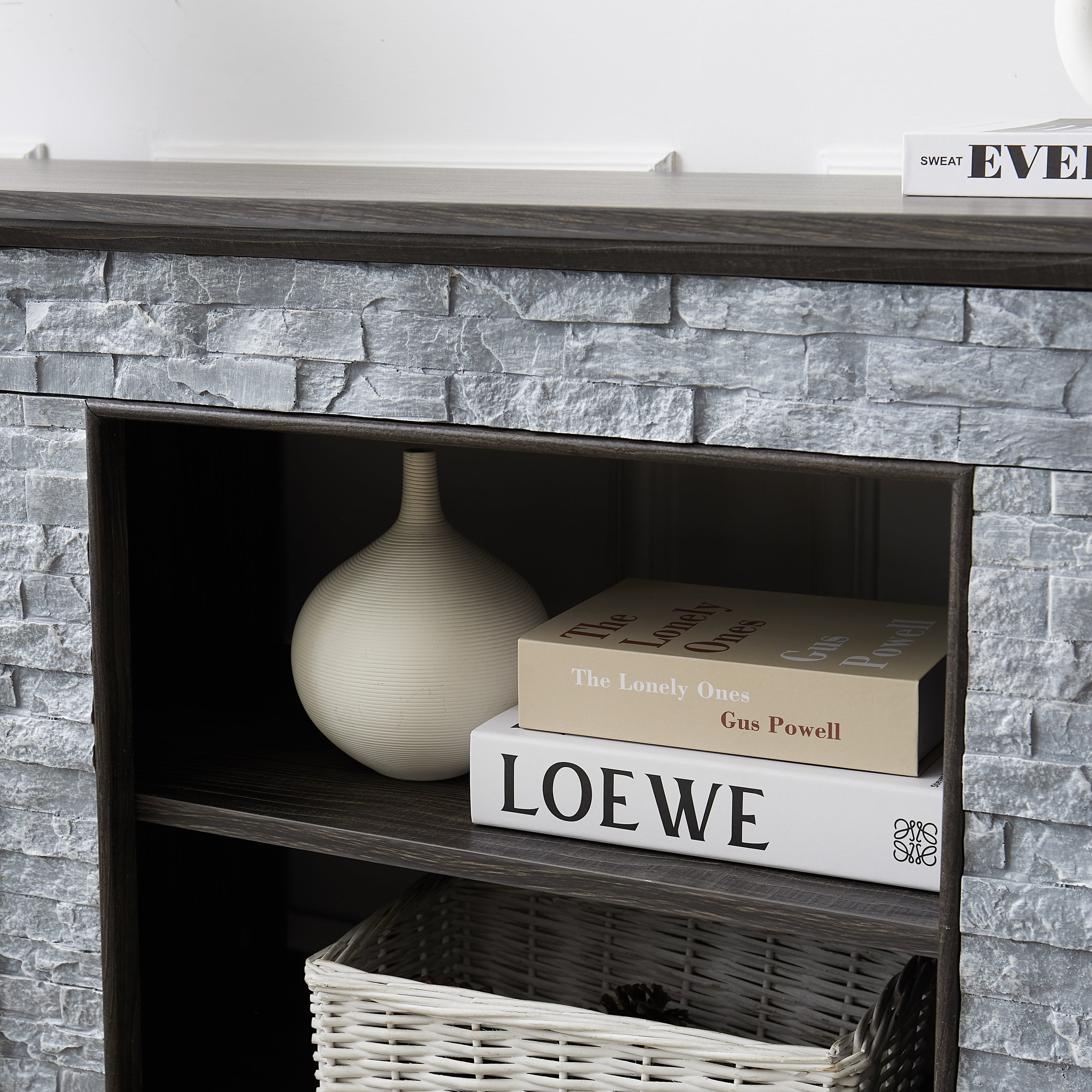 Mantel Stone TV Media Stand with with Faux Stacked Stone Surround, Modern Entertainment Console with Open Storage Space,Grey, 58.31'W*15.39'D*26.06'H