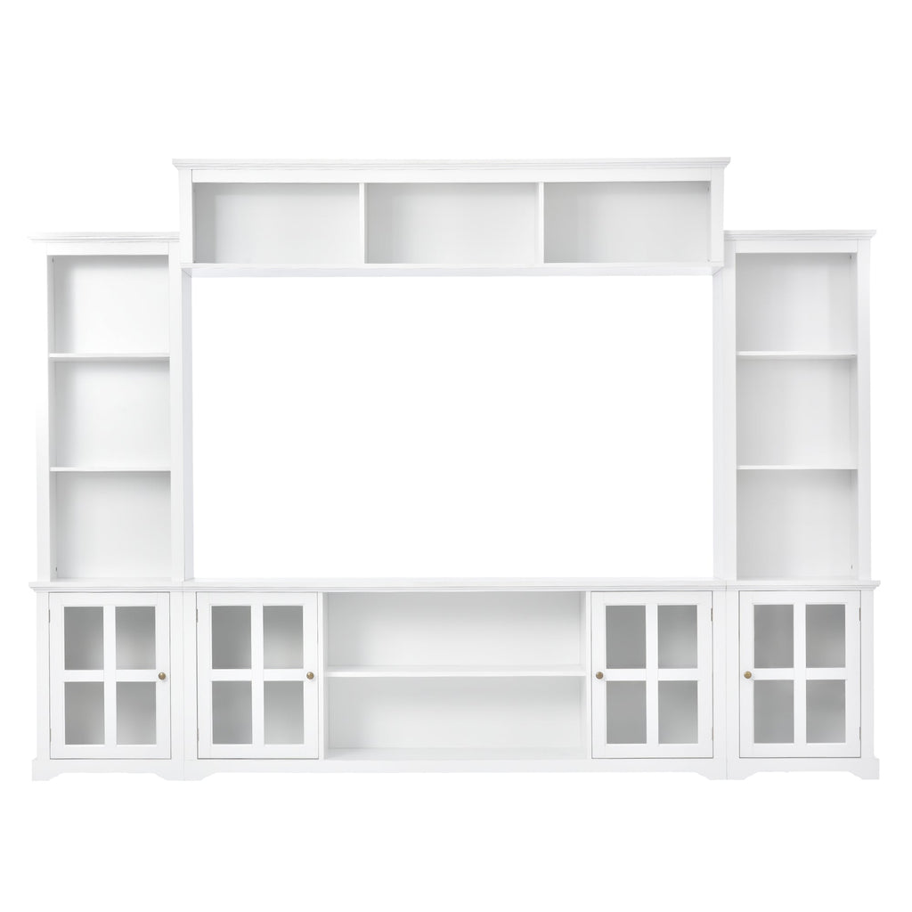 [VIDEO provided] ON-TREND Minimalism Entertainment Wall Unit with Bridge, Modern TV Console Table for TVs Up to 70', Multifunctional TV Stand with Tempered Glass Door, White (Old SKU: SD000009AAK)
