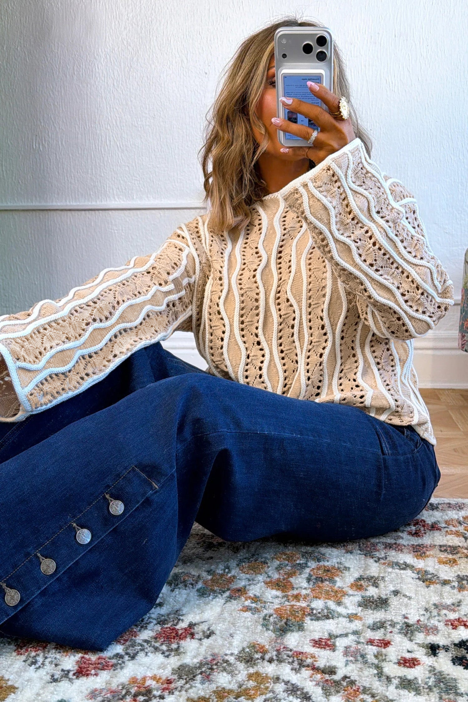 Colorblock Wavy Pointelle Knit Long Sleeve Sweater