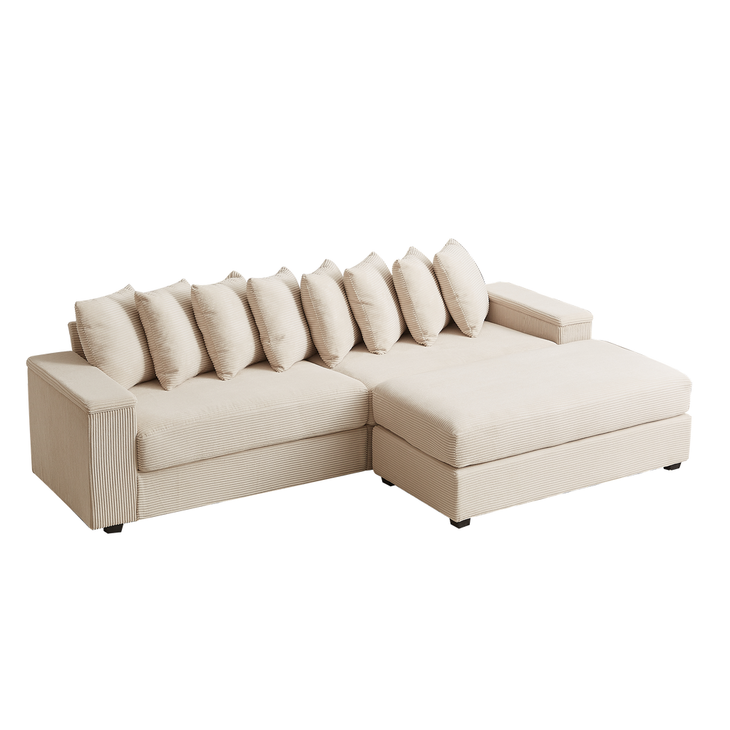 Luxe Oversized L Shaped Sofa with Chaise,Comfy Corduroy L Shaped Sectional Couches with 8 Pillows and Two Armrest storage space,Soft Fluffy Upholstered Sofa Bed for Living Room Apartment Bedroom
