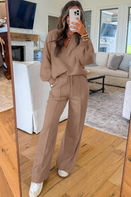 Solid V-Neck Pullover and Drawstring Sweatpants Se