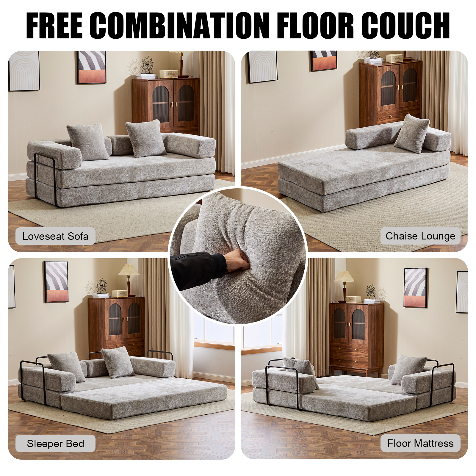 Floor Couch,Compression Sofa,Convertible Floor Sofa Bed-with Pillow Back Support Armrest,Comfy Futon Couch Lounge Sleeper Bed,Chenille fabric,for Living Room Bedroom (LIGHT-GREY)