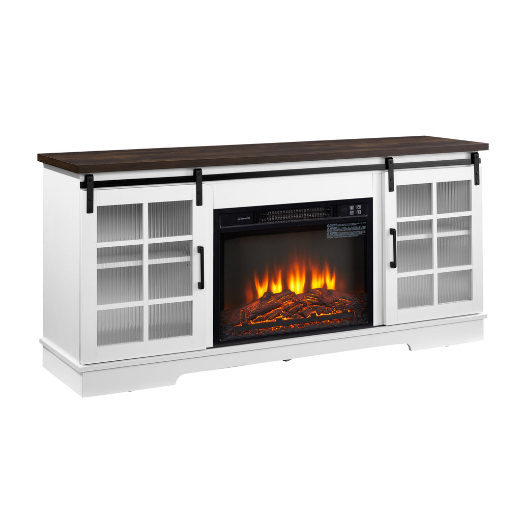 Multipurpose Sliding Door TV Cabinet Large Storage Cabinet with 2 Sliding Glass Doors, TV Storage Rack with 23' Fireplace TV Cabinet, WHITE+BROWN, 59.13'W*15.94'D*27.8'H
