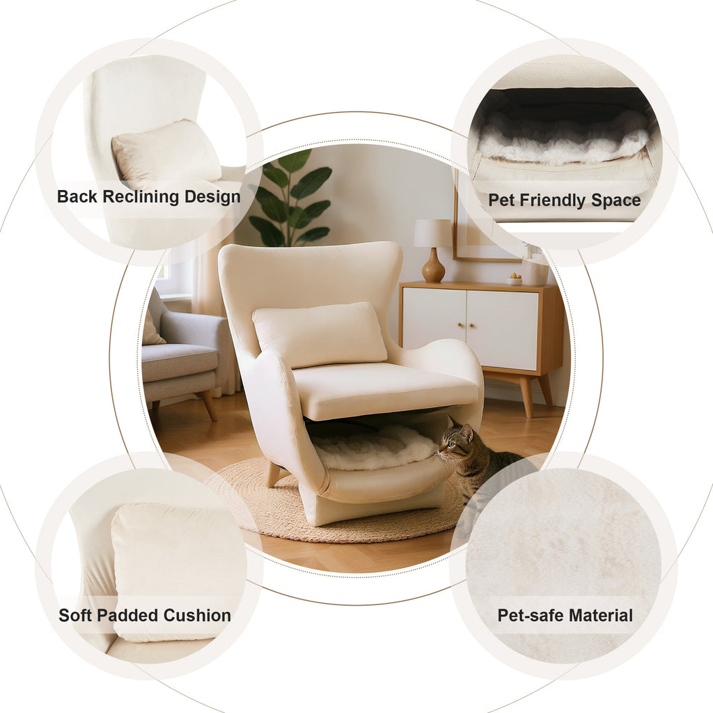 Furniture Style 2 in 1 Pet Friendly  Modern Velvet Lounge Chair, Upholstered  Back Accent Chair Leisure Single Sofa Chair for Living Room Office, White