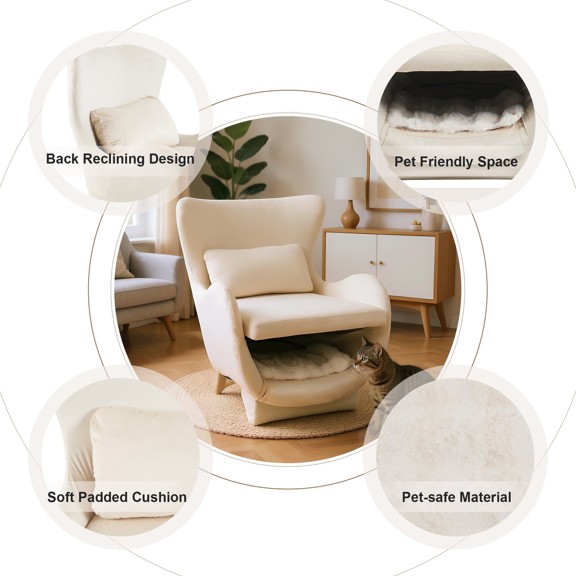 Furniture Style 2 in 1 Pet Friendly  Modern Velvet Lounge Chair, Upholstered  Back Accent Chair Leisure Single Sofa Chair for Living Room Office, White