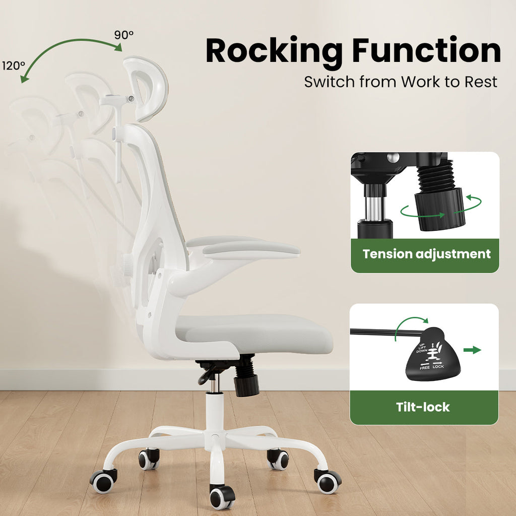 Ergonomic Office Chair, Home Office Desk Chair with Headrest, High Back Computer Chair with Armrests and Adjustable Lumbar Support for Home Office Study Room, White