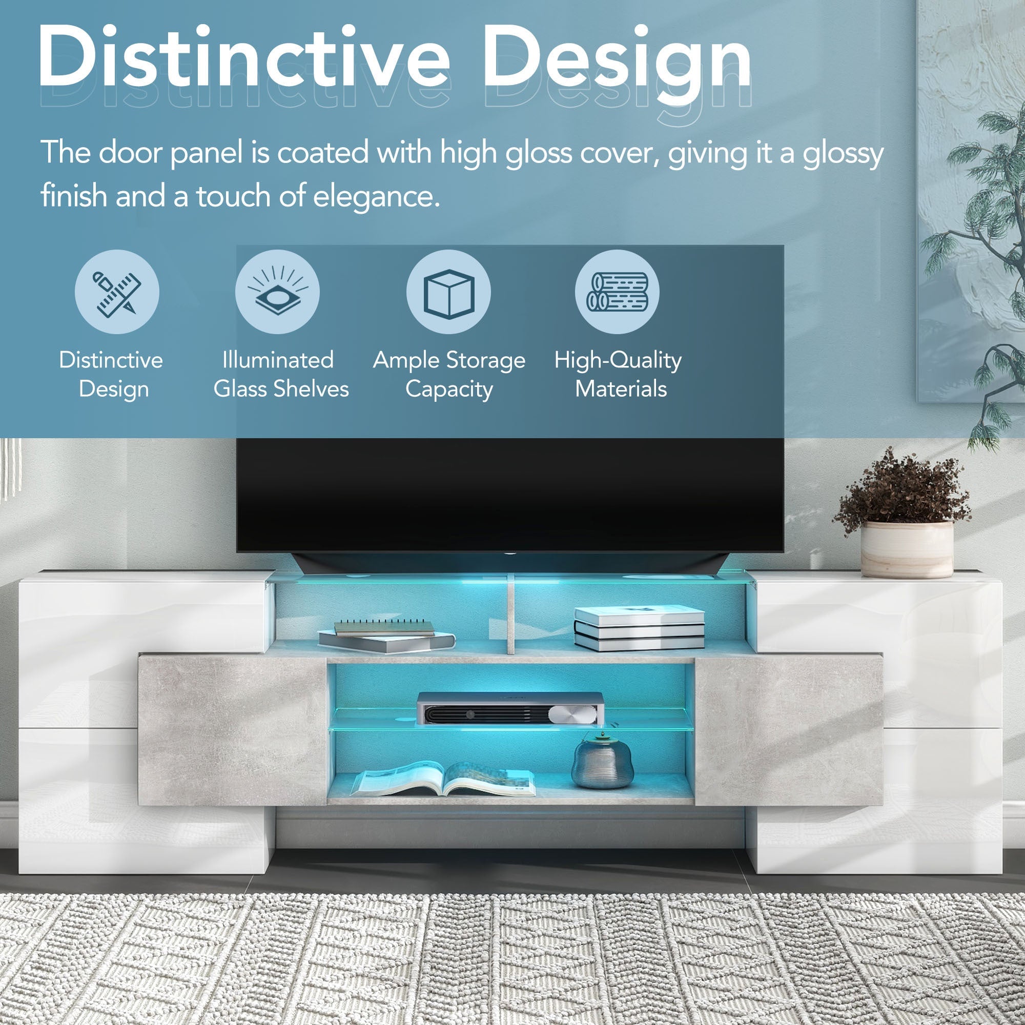 ON-TREND Unique Shape TV Stand with 2 Illuminated Glass Shelves, High Gloss Entertainment Center for TVs Up to 88', Versatile TV Cabinet with LED Color Changing Lights for Living Room, Grey
