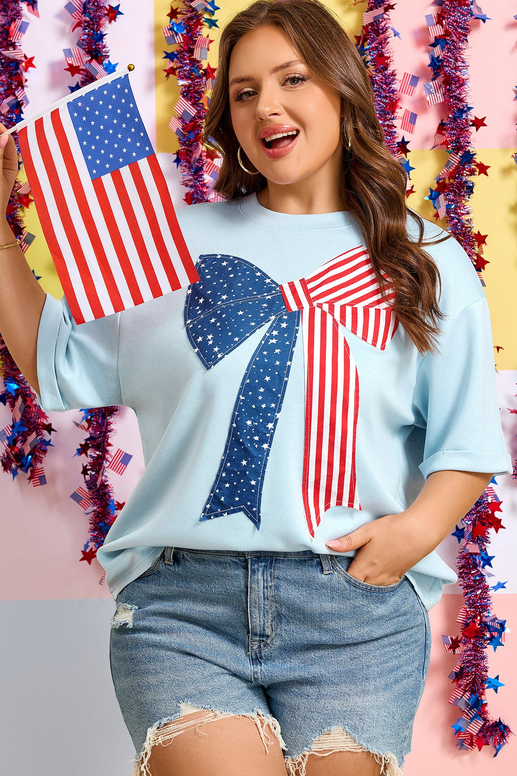 Plus Size Patriotic Stars & Stripes Bow Patchwork T-Shirt