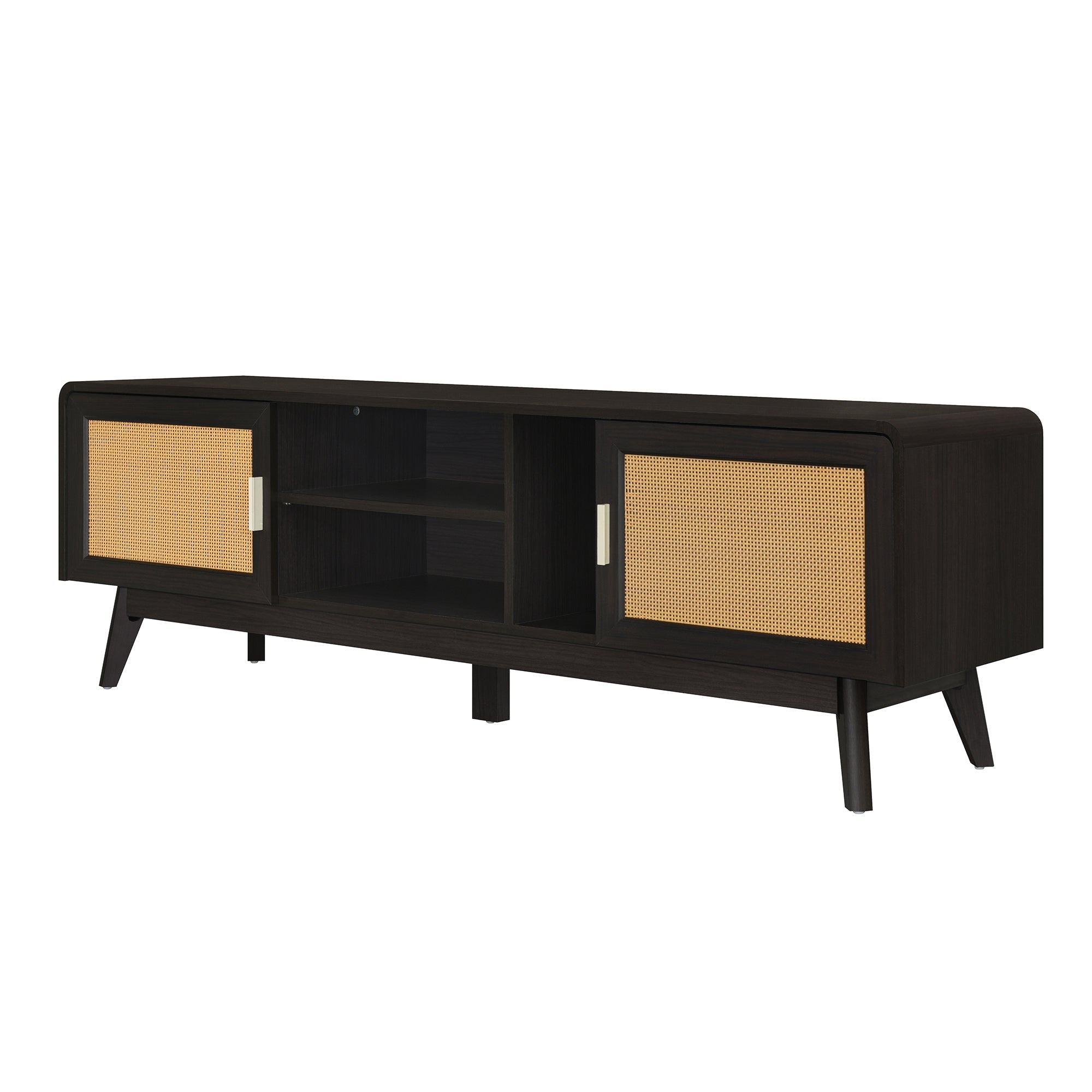 63'' Dark Rattan TV Stand with 2 Storage Cabinets for 65 Inch TV, Entertainment Center with Solid Wood Legs, Media Console Table for Living Room, Bedroom