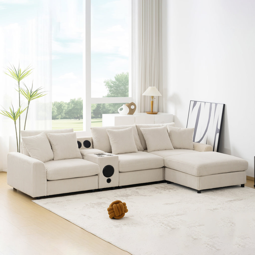 Modular Corduroy Sectional Sofa with Bluetooth Speakers, USB Charger, Cup Holders, Storage, Ottoman, 114*64'' Cream